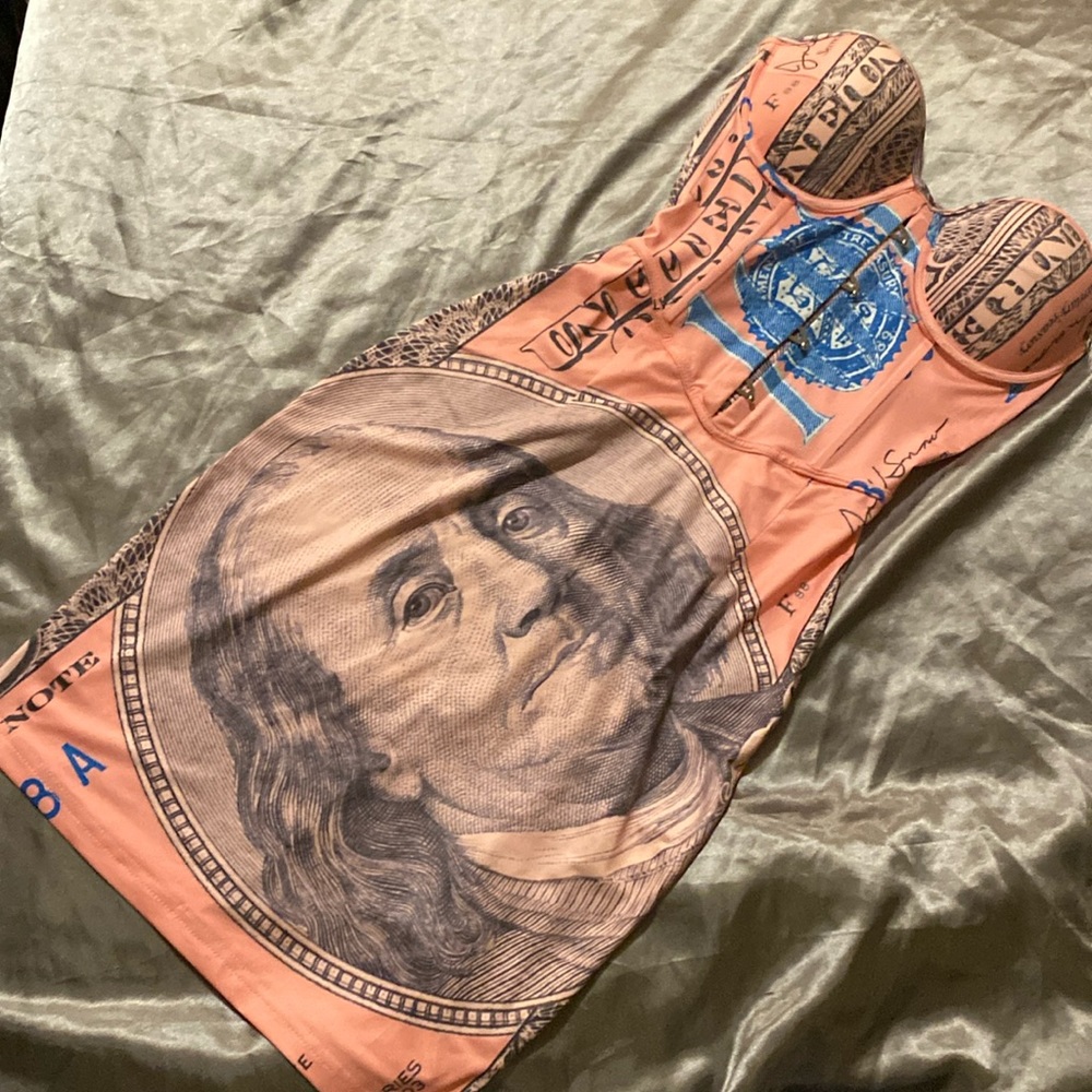 Pink money print strapless midi dress